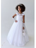 Beaded White Lace Tulle V Back Flower Girl Dress